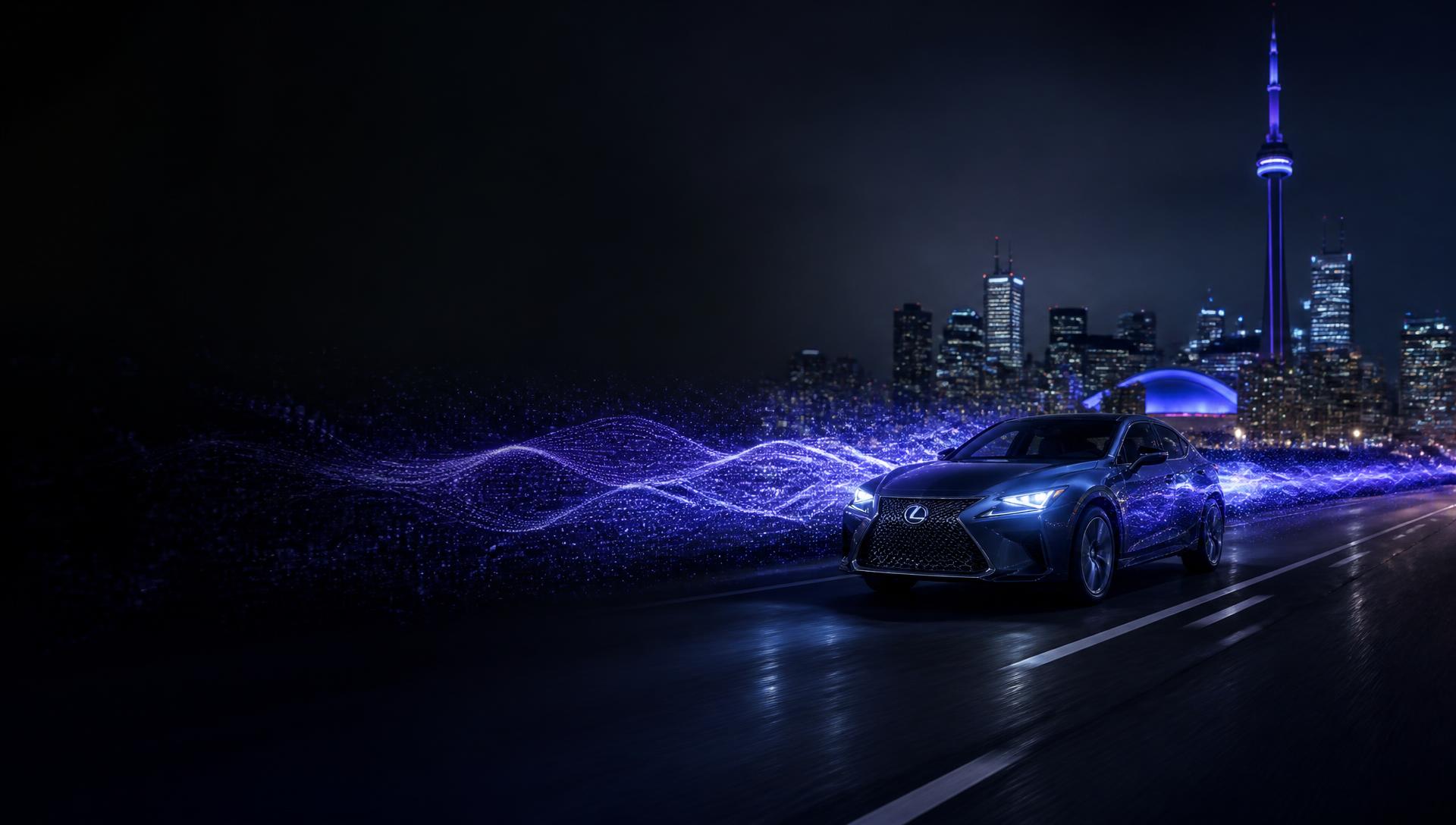 A vehicle travelling through a Canadian city at night, trailing luminous audio waves that become digital data